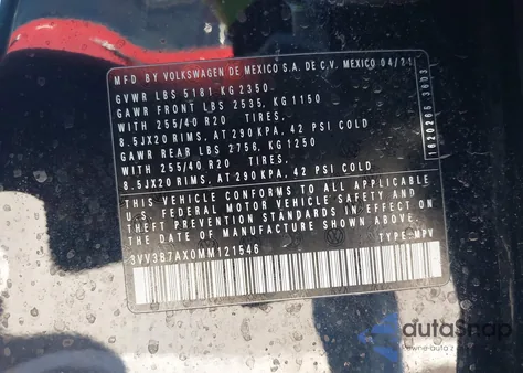 2021 Volkswagen Tiguan 2.0T Se/2.0T Se R-Line Black/2.0T Sel из США, поврежденный, VIN 3VV3B7AX0MM121546